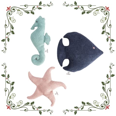 Caja de regalo de peluche para gatos | 1 juego de 3 juguetes | Mascota hecha a mano con estrella de mar + pescado + caballito de mar | Tejido acolchado con casquillos de trigo sarraceno