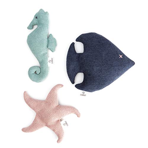 Caja de regalo de peluche para gatos | 1 juego de 3 juguetes | Mascota hecha a mano con estrella de mar + pescado + caballito de mar | Tejido acolchado con casquillos de trigo sarraceno