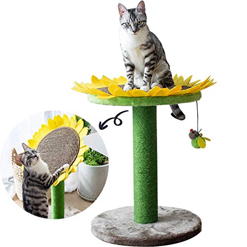 Cama de árbol de girasoles para gatos, con poste rascador y torre de actividad cubierta de sisal, fibra de yute natural 2 en 1, poste rascador y cama, la mejor idea de regalo para vacaciones