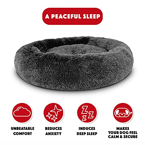 Cama para perro Sound Sleep de The Dog’s Bed, forma redonda, funda extraíble de felpa marrón grande, cama nido, relajante y de gran calidad
