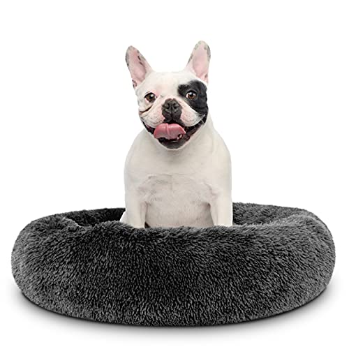 Cama para perro Sound Sleep de The Dog’s Bed, forma redonda, funda extraíble de felpa marrón grande, cama nido, relajante y de gran calidad
