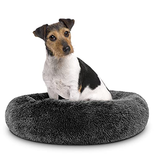 Cama para perro Sound Sleep de The Dog’s Bed, forma redonda, funda extraíble de felpa marrón grande, cama nido, relajante y de gran calidad