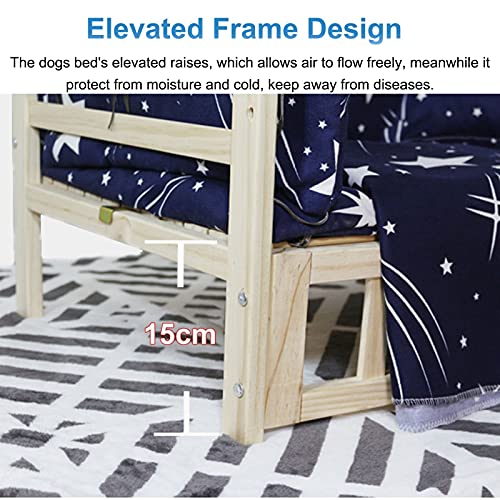 Cama para Perros Azul Valla Madera Elevada Cuna para Mascotas con Ropa de Cama para Todas Las Estaciones/Artritis Ortopédica Mascotas, 50cm - 115cm de Largo Opcional