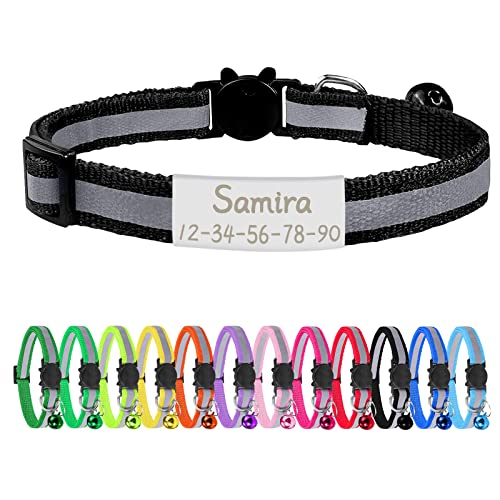 CAMAL Collar Gato Reflectante con Chapa Perro Grabada, Personalizado Collar Gato con Cascabeles y Hebilla Seguro, Collar para Gato y Perro Pequeño, Ajustable de 19 a 32 cm (Negro)