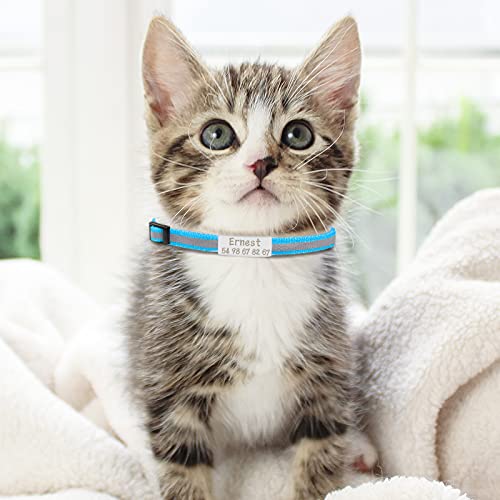 CAMAL Collar Gato Reflectante con Chapa Perro Grabada, Personalizado Collar Gato con Cascabeles y Hebilla Seguro, Collar para Gato y Perro Pequeño, Ajustable de 19 a 32 cm (Cielo Azul)