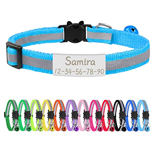 CAMAL Collar Gato Reflectante con Chapa Perro Grabada, Personalizado Collar Gato con Cascabeles y Hebilla Seguro, Collar para Gato y Perro Pequeño, Ajustable de 19 a 32 cm (Cielo Azul)