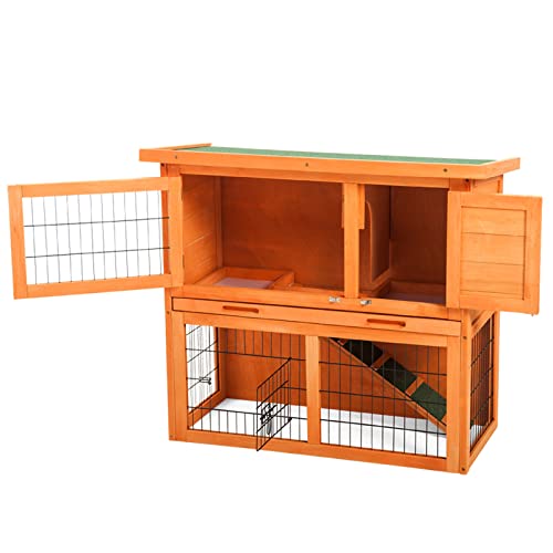 Casa De Conejo De Madera De 2 Niveles, Jaula De Jardín Dúplex Y Casa De Mascotas con Mesa De Rampa para Techo Resistente A La Intemperie