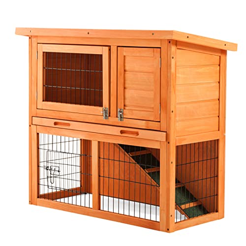 Casa De Conejo De Madera De 2 Niveles, Jaula De Jardín Dúplex Y Casa De Mascotas con Mesa De Rampa para Techo Resistente A La Intemperie