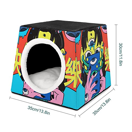Casa para Gatos Impresa Plegable Cubo de Gato Camas y Sofás para Gatos Lindo con Cojín Extraíble Dependientes de teléfonos móviles
