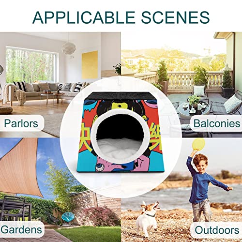 Casa para Gatos Impresa Plegable Cubo de Gato Camas y Sofás para Gatos Lindo con Cojín Extraíble Dependientes de teléfonos móviles