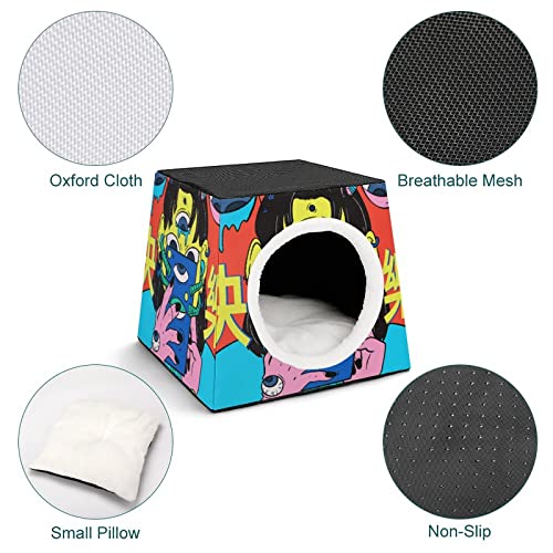 Casa para Gatos Impresa Plegable Cubo de Gato Camas y Sofás para Gatos Lindo con Cojín Extraíble Dependientes de teléfonos móviles