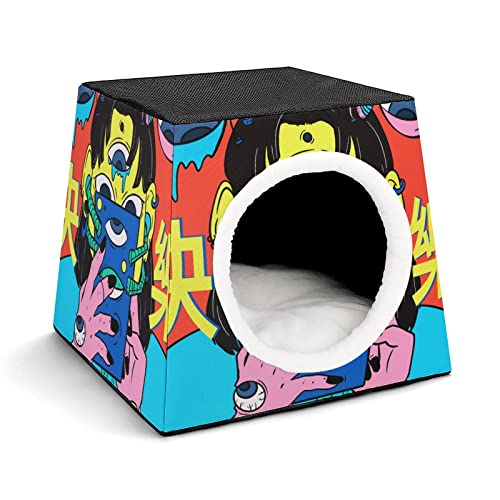 Casa para Gatos Impresa Plegable Cubo de Gato Camas y Sofás para Gatos Lindo con Cojín Extraíble Dependientes de teléfonos móviles