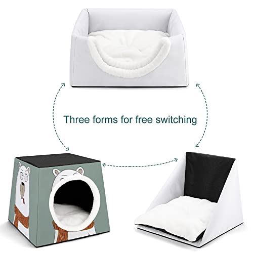 Casa para Gatos Impresa Plegable Cubo de Gato Camas y Sofás para Gatos Lindo con Cojín Extraíble Oso bizco