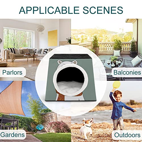 Casa para Gatos Impresa Plegable Cubo de Gato Camas y Sofás para Gatos Lindo con Cojín Extraíble Oso bizco