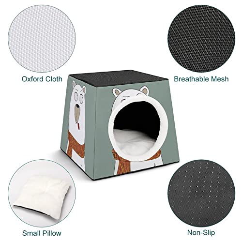 Casa para Gatos Impresa Plegable Cubo de Gato Camas y Sofás para Gatos Lindo con Cojín Extraíble Oso bizco