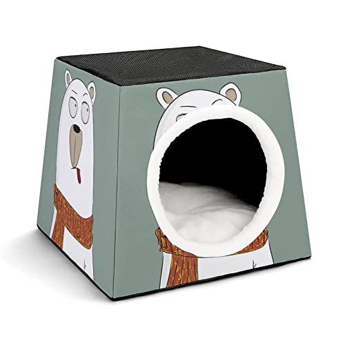 Casa para Gatos Impresa Plegable Cubo de Gato Camas y Sofás para Gatos Lindo con Cojín Extraíble Oso bizco