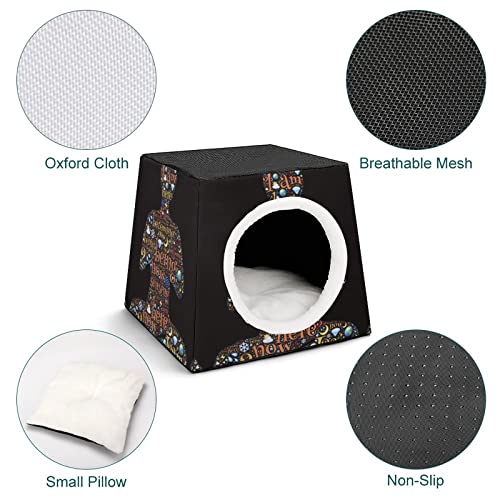 Casa para Gatos Interior Plegable Cama Sofá Cueva Impresa para Gato Lindo Cálida con Cojín Suave Caracteres de símbolos de Letras