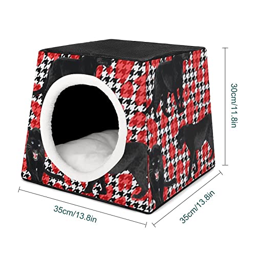 Casa para Gatos Interior Plegable Cama Sofá Cueva Impresa para Gato Lindo Cálida con Cojín Suave Pantera Negra roja