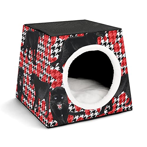 Casa para Gatos Interior Plegable Cama Sofá Cueva Impresa para Gato Lindo Cálida con Cojín Suave Pantera Negra roja