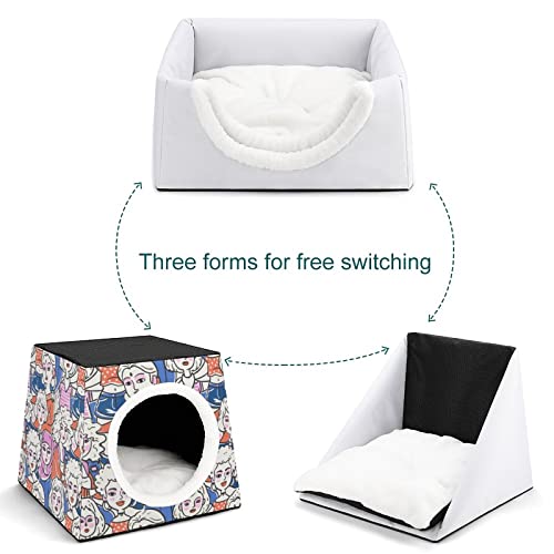 Casa para Gatos y Perros Pequeños Lindo Cama y Sofá para Mascotas Antideslizante con Cojín Suave Animación Mujeres Emoticonos