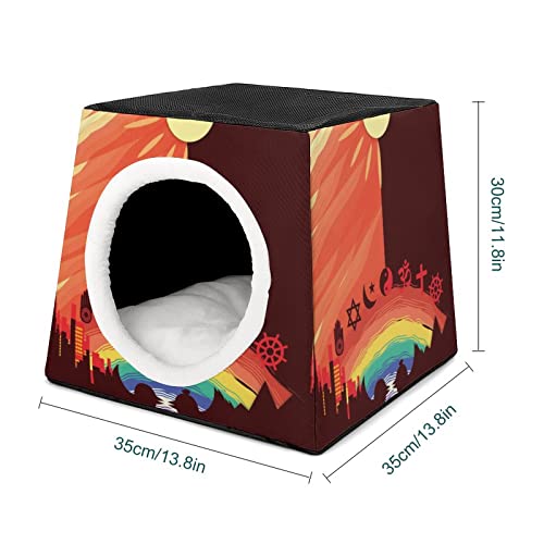 Casa Plegable para Gatos Cama Sofá Cueva para Perros diseño 3 en 1 para Mascotas pequeñas símbolo Cruz Arco Iris