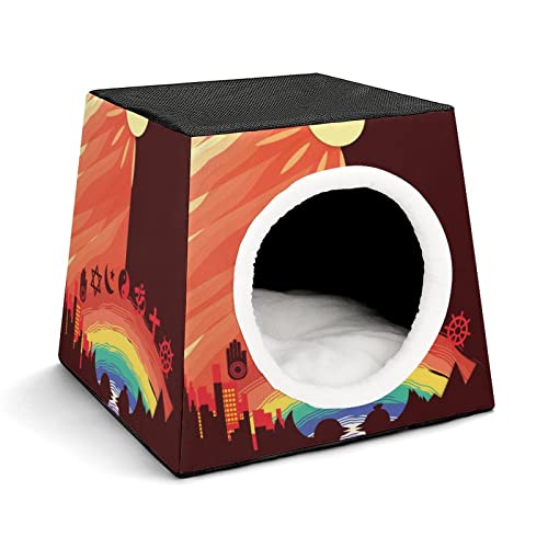 Casa Plegable para Gatos Cama Sofá Cueva para Perros diseño 3 en 1 para Mascotas pequeñas símbolo Cruz Arco Iris