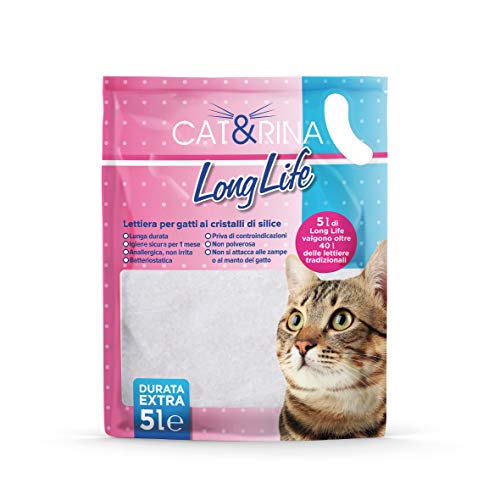 Cat&Rina Long Life Life - Arena para Gatos con Cristales de sílice antialérgicos y bacteriostáticos, Paquete de 5 l