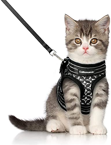 CatRomance Arnés Gato Antiescape y Ajustable con Correa de 150 cm, Arnés Chaleco Gato Reflectante de Tela de Malla Suave y Transpirable para Caminar, Entrenar, Gatos Bebes y Pequeños, Negro, S