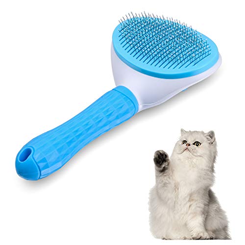 Cepillo para gatos, cepillo autolimpiable, elimina el pelaje inferior del perro, cepillo para perros y gatos, de pelo corto a largo, adecuado para gatos suave (gris) (azul)