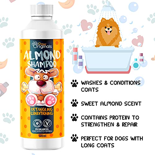Champú para perros de almendra, perfecto para desenredar abrigos largos, 500 ml, agentes acondicionadores para prevenir la caspa, para perros y mascotas y cachorros, fabricado en el Reino Unido