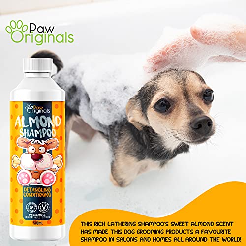 Champú para perros de almendra, perfecto para desenredar abrigos largos, 500 ml, agentes acondicionadores para prevenir la caspa, para perros y mascotas y cachorros, fabricado en el Reino Unido