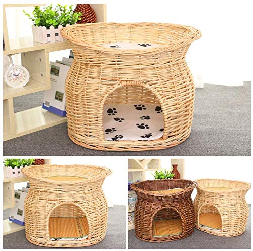 CHICAI Gato de casa del Animal doméstico de ratán Cama Nido de Dos Niveles Cesta Hecha a Mano del Gato Condo Cubierta Muebles de Exterior for Perros/Gatos,Hecha de ratán Flexible,fácil de Limpiar