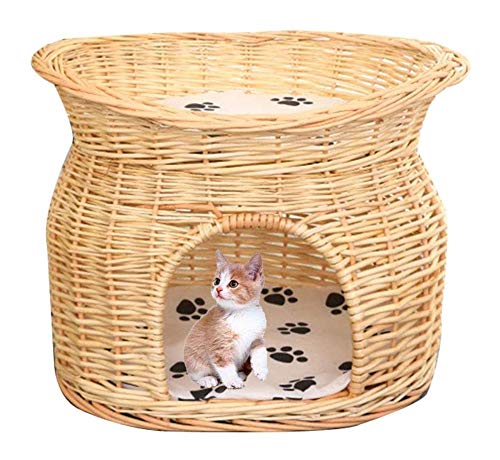 CHICAI Gato de casa del Animal doméstico de ratán Cama Nido de Dos Niveles Cesta Hecha a Mano del Gato Condo Cubierta Muebles de Exterior for Perros/Gatos,Hecha de ratán Flexible,fácil de Limpiar