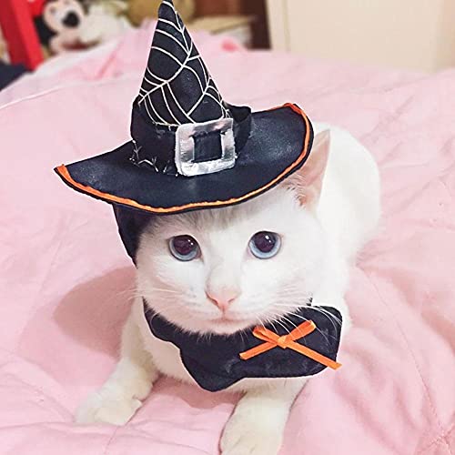 CHUN Disfraz de Mago de Gato, Sombrero de Mago para Mascotas de Halloween, Bufanda, Sombrero de Bruja Malvada, Accesorios de Cosplay, Vestido de Fiesta de Vacaciones