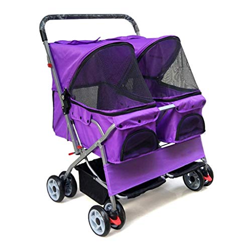 Cochecito del Animal doméstico Dos Asiento Doble Cama durmiendo Coche Ultra Ligero Plegable for extraíble y Lavable Perro Gato es Ampliar la educación Fuera 10.8 (Color : Purple)