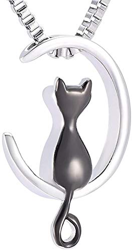 Collar con luna de gato Joyas de cremación Collar con collar de gato y luna Colgante conmemorativo para niñas de moda-Acero negro