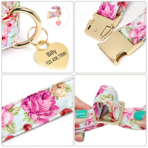 Collar de perro Beirui con diseño floral personalizado con etiqueta de identificación de corazón grabada y hebilla de liberación rápida, collares para perros pequeños, medianos y grandes(rosa,M)