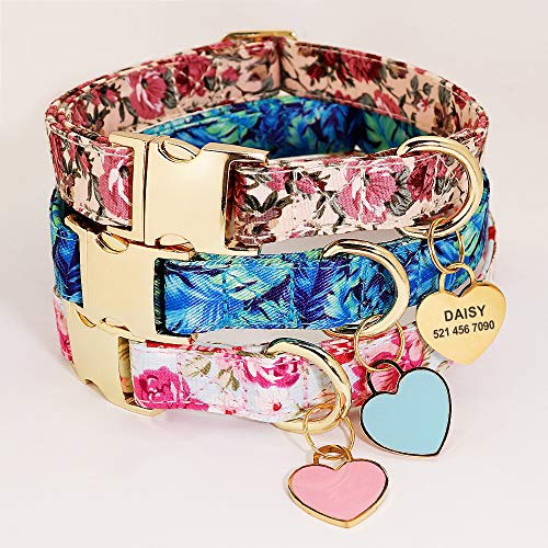 Collar de perro Beirui con diseño floral personalizado con etiqueta de identificación de corazón grabada y hebilla de liberación rápida, collares para perros pequeños, medianos y grandes(rosa,M)