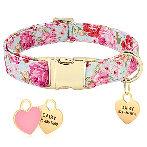 Collar de perro Beirui con diseño floral personalizado con etiqueta de identificación de corazón grabada y hebilla de liberación rápida, collares para perros pequeños, medianos y grandes(rosa,M)
