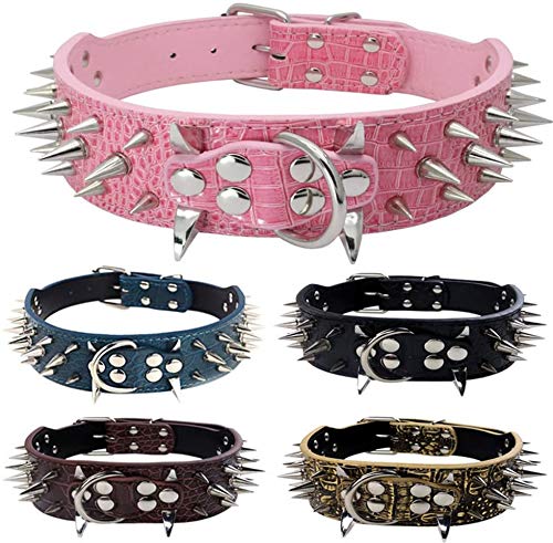 Collar de Perro Collares de Cuero Acolchados Lujosos con Tachuelas Afiladas para Perros Medianos Grandes Collar 5cm de Ancho Anti Mordiscos L,Rd-PT