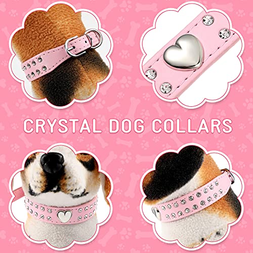 Collar de Perro de Cristal Collar de Mascotas con Diamantes de Imitación Collar de Cachorro Brillante Collar de Perro de Cuero de PU con Tachuelas de Corazón Collar Rosa Ajustable, Talla S