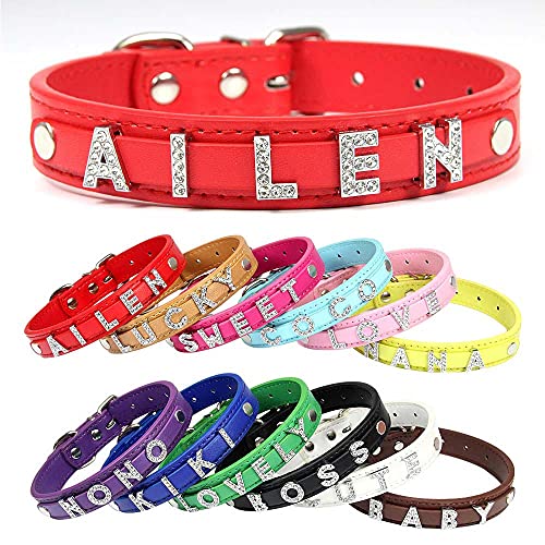 Collar de perro de cuero con nombre de identificación personalizado, dijes de letras de diamantes de imitación personalizados, collares con correa para el cuello de cachorro para gato, accesori