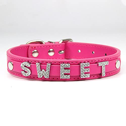 Collar de perro de cuero con nombre de identificación personalizado, dijes de letras de diamantes de imitación personalizados, collares con correa para el cuello de cachorro para gato, accesori