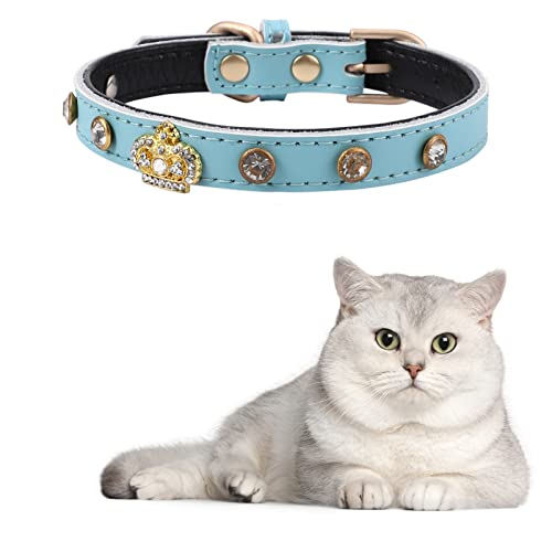 Collar de perro gato de doble corona con lentejuelas de diamantes de imitación para mascotas Collar de seguridad para perros pequeños y medianos, bonito y suave, ajustable, azul M