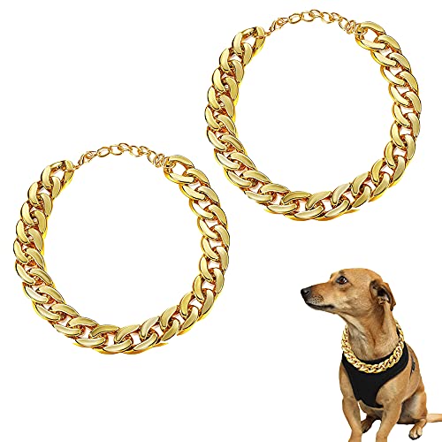 Collar de Perro Oro, 2 Piezas Cadena de Oro Perro, Cadena Oro para Perros, Collar de Cadena Metal Perros, Ligero, Adecuado para Gatos Pequeños y Cachorros Teddy French Bulldogs, Estilo Hip-Hop