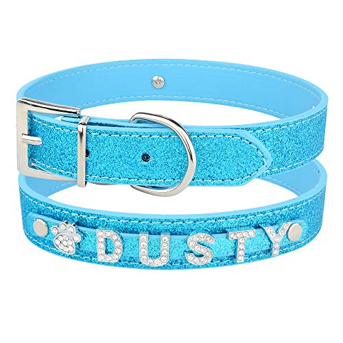 Collar de Perro Personalizado de Cuero con Diamantes de imitación Bling Charms Mascotas Perros Gato, Azul, XS 20,26cm