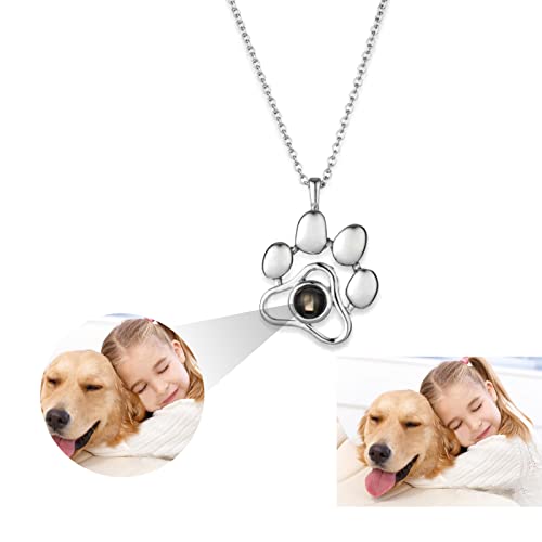 Collar de Proyección Foto Personalizado Impresión de la Pata Collares Colgantes, Personalizada Perro de Gato Foto Mascotas Memoria Collar Regalos de Cumpleaños para Mujer, Niñas, Esposa (Plata)