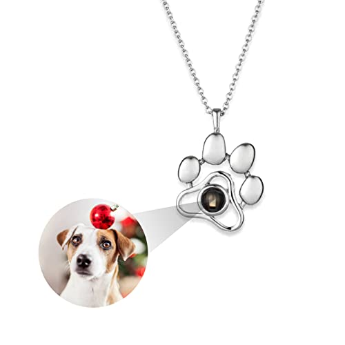 Collar de Proyección Foto Personalizado Impresión de la Pata Collares Colgantes, Personalizada Perro de Gato Foto Mascotas Memoria Collar Regalos de Cumpleaños para Mujer, Niñas, Esposa (Plata)