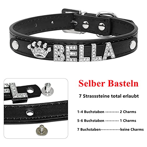 Collar para perro con nombre, de piel sintética y correa con brillantes, letra de nombre y anillo en D para perros pequeños y medianos (negro L)