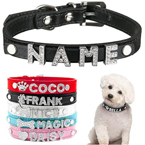 Collar para perro con nombre, de piel sintética y correa con brillantes, letra de nombre y anillo en D para perros pequeños y medianos (negro L)